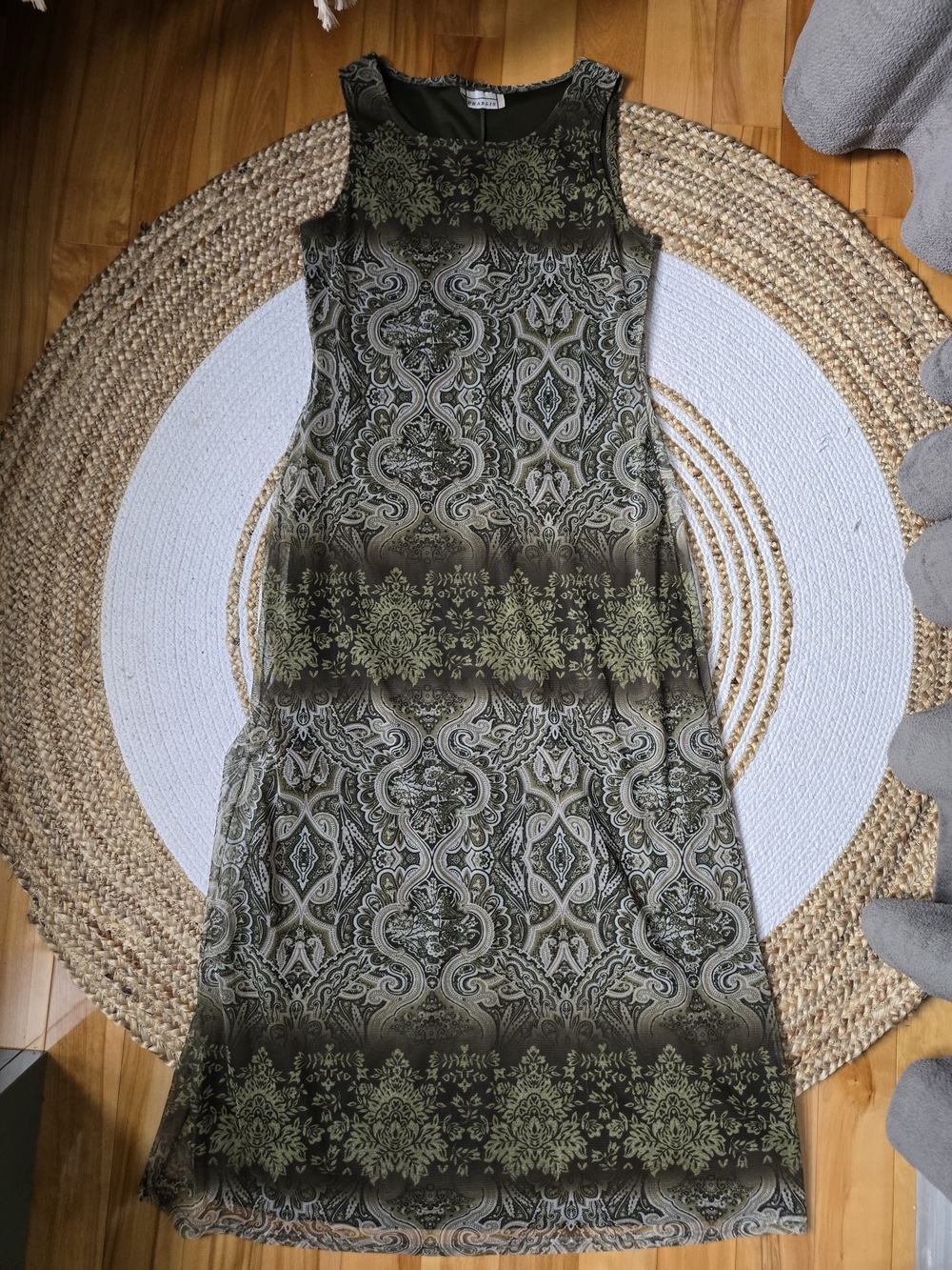 Vintage 90s Sleeveless Olive Green Printed Maxi Dress Mesh Whimsigoth Grunge